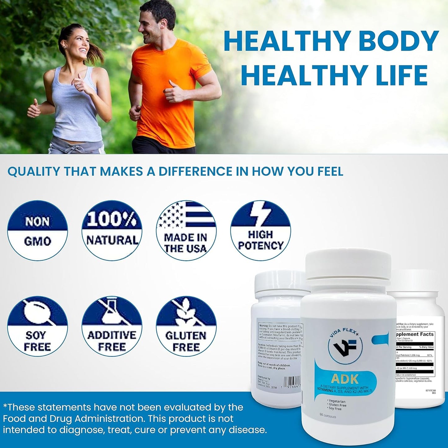 Vida Flex+ ADK - Bone, Heart, and Immune Support Dietary Supplement - Vitamin A, D3, K2 - Gluten and Soy-Free - 60 Capsules