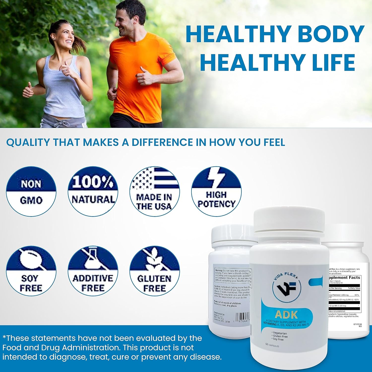 Vida Flex+ ADK - Bone, Heart, and Immune Support Dietary Supplement - Vitamin A, D3, K2 - Gluten and Soy-Free - 60 Capsules