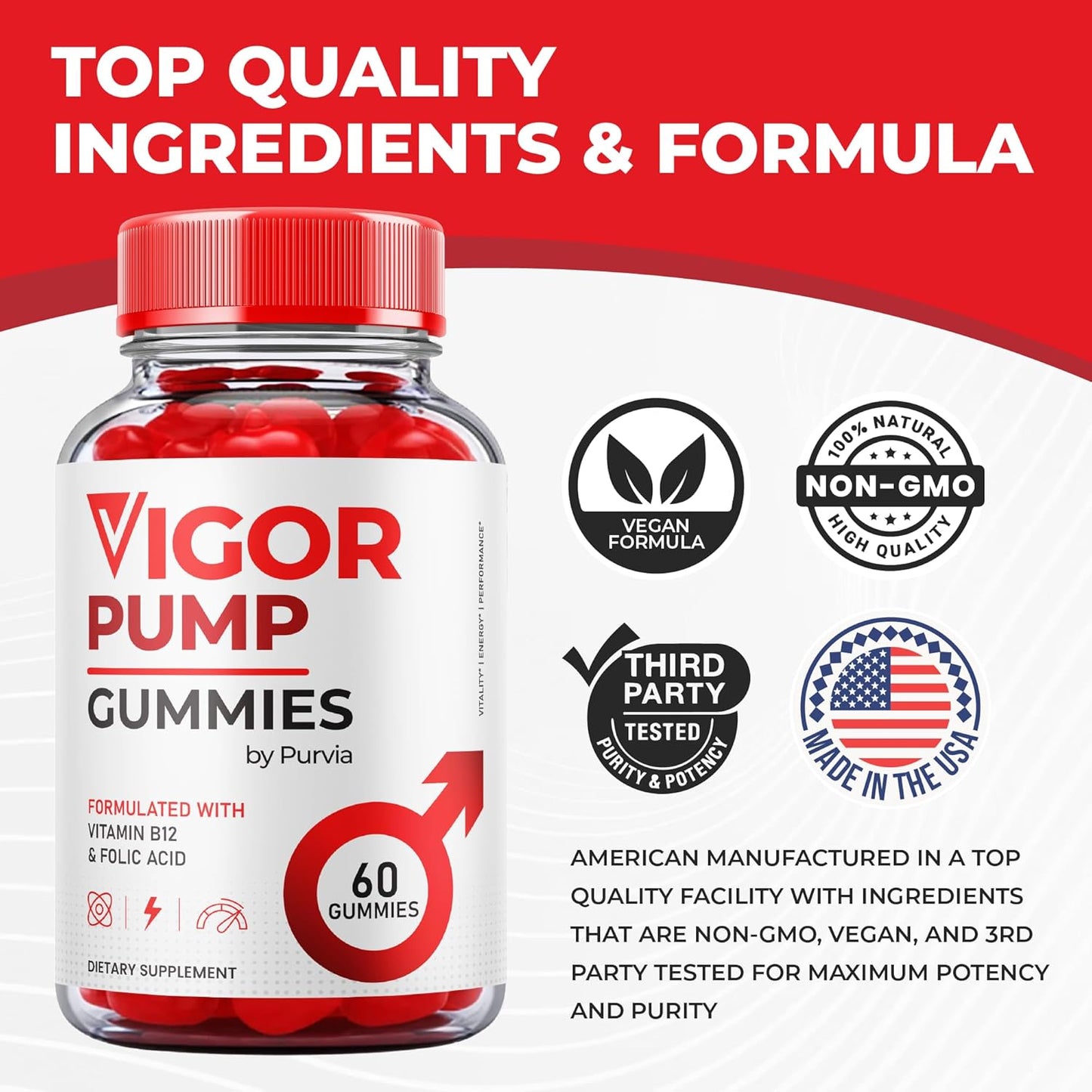 Vigor Pump Gummies 3-Pack for Overall Wellness Support - Maximum Performance Blend - Made in USA - 180 Gummies