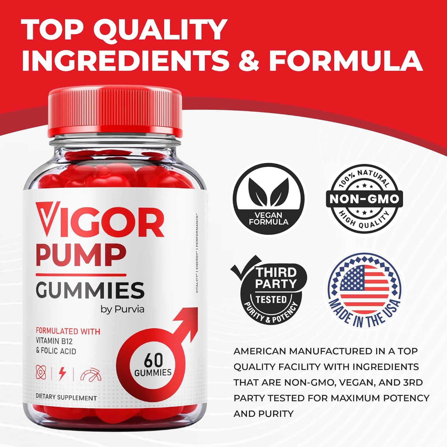 Vigor Pump Gummies 3-Pack for Overall Wellness Support - Maximum Performance Blend - Made in USA - 180 Gummies