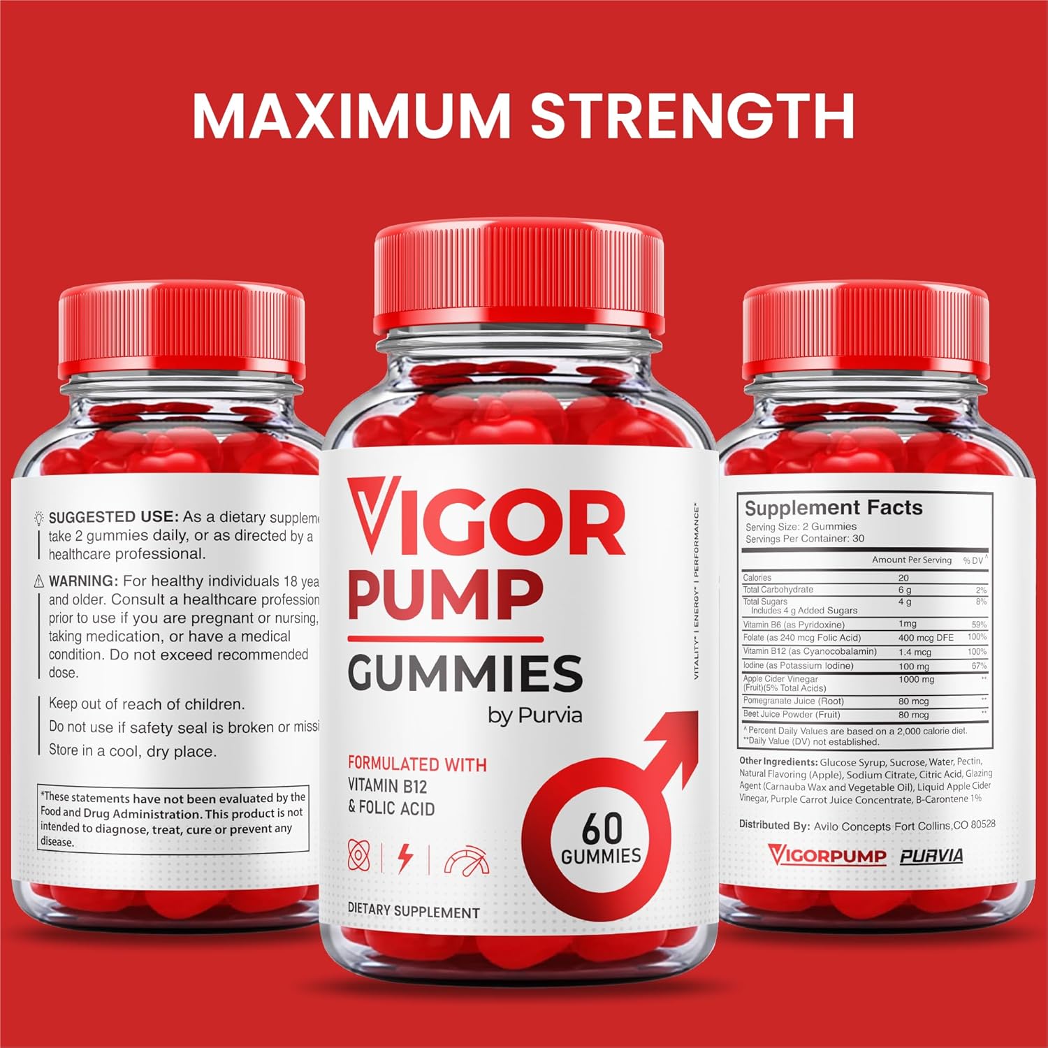 Vigor Pump Gummies 3-Pack for Overall Wellness Support - Maximum Performance Blend - Made in USA - 180 Gummies