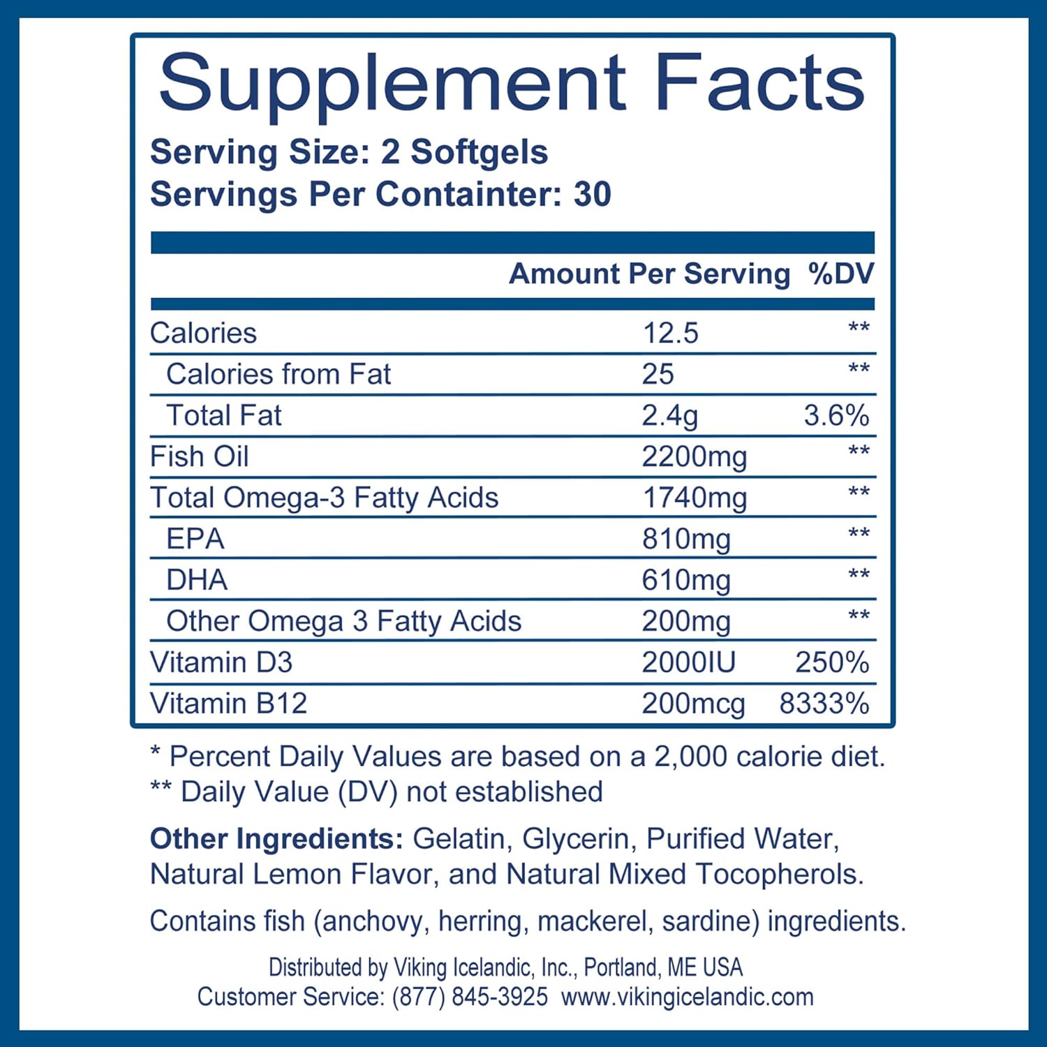 Viking Omega 3 Fish Oil with D-3 Lemon Flavor Softgels - 60 Count - Supports Heart, Brain, Joint, and Immune Health - High Potency 2200mg Fish Oil, 2000iu Vitamin D3