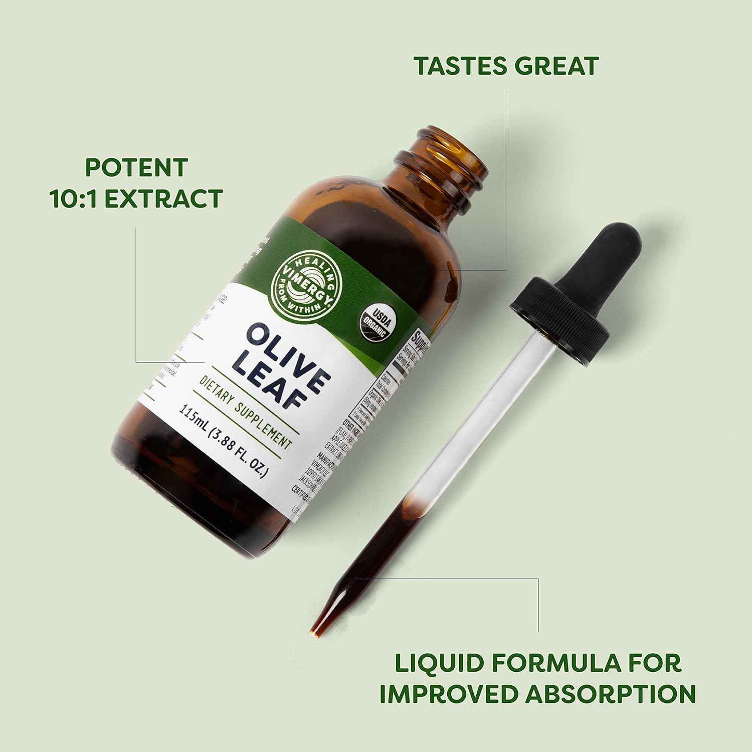 Vimergy Olive Leaf – Supports Immune Health* – Benefits Cardiovascular Function* – USDA Certified Organic, Vegan, Paleo-Friendly and Gluten-Free – 115 mL (57 Servings)
