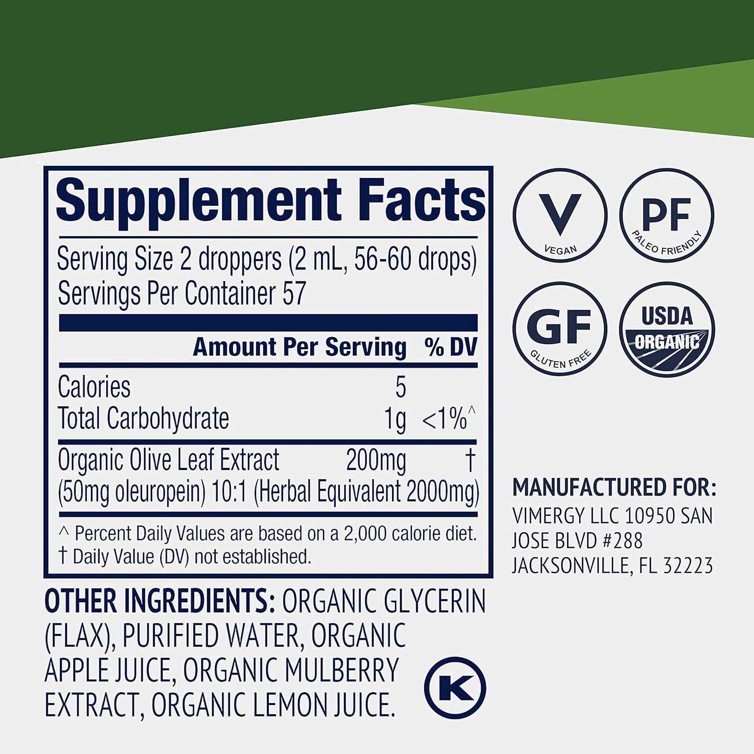 Vimergy Olive Leaf – Supports Immune Health* – Benefits Cardiovascular Function* – USDA Certified Organic, Vegan, Paleo-Friendly and Gluten-Free – 115 mL (57 Servings)