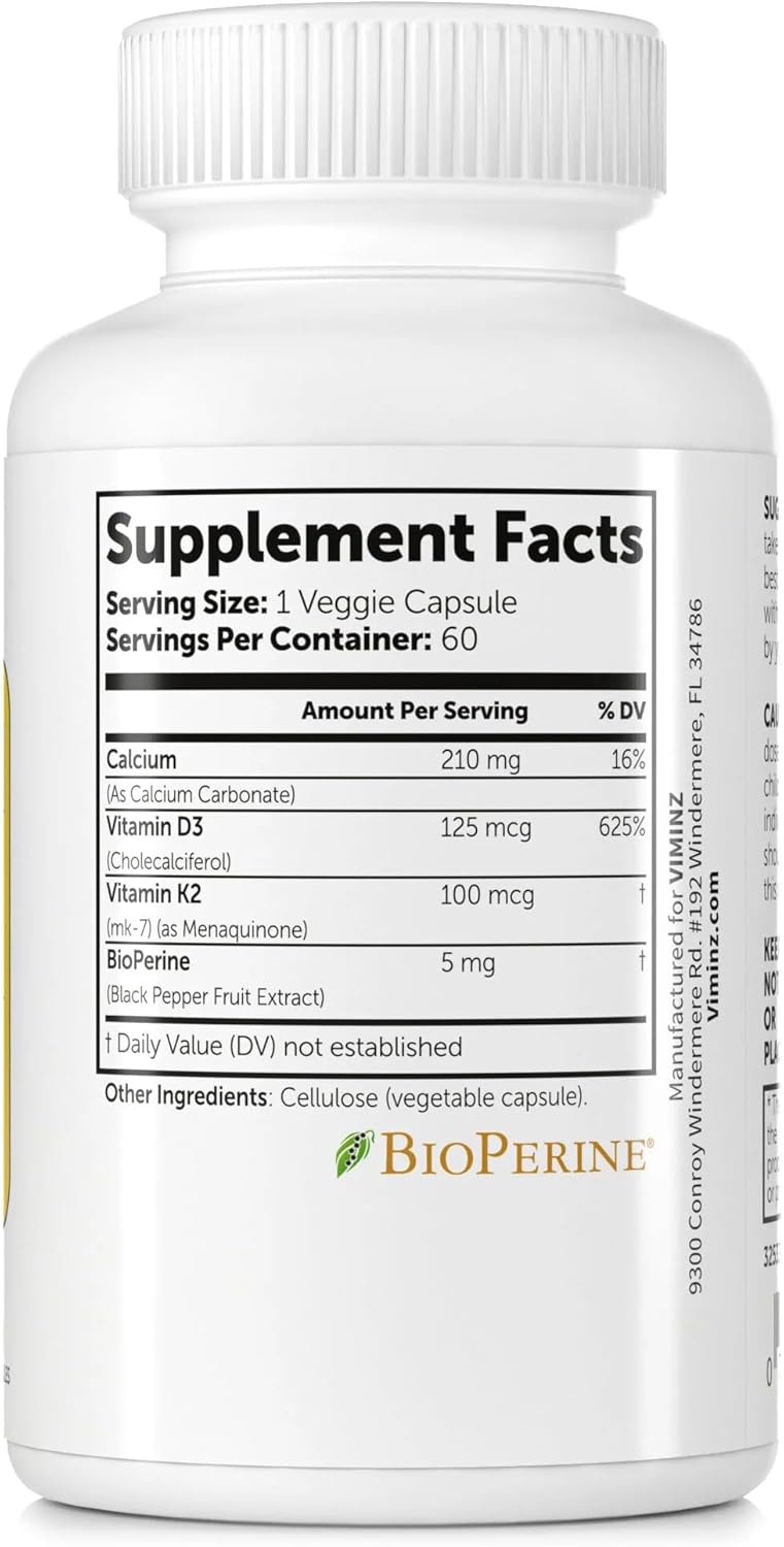 VIMINZ Vitamin D3/K2 Capsules - Supports Bone and Heart Health with 60 Dietary Supplements