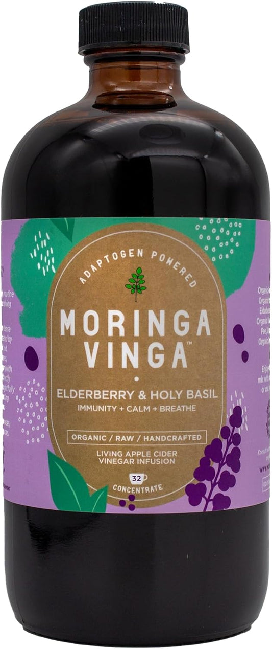VINGA Organic Elderberry & Holy Basil Moringa Infusion - Immune Support, Respiratory Wellness, Stress Relief Tonic - Apple Cider Vinegar, Ginger, Hibiscus, Honey - Non-GMO, 16 oz