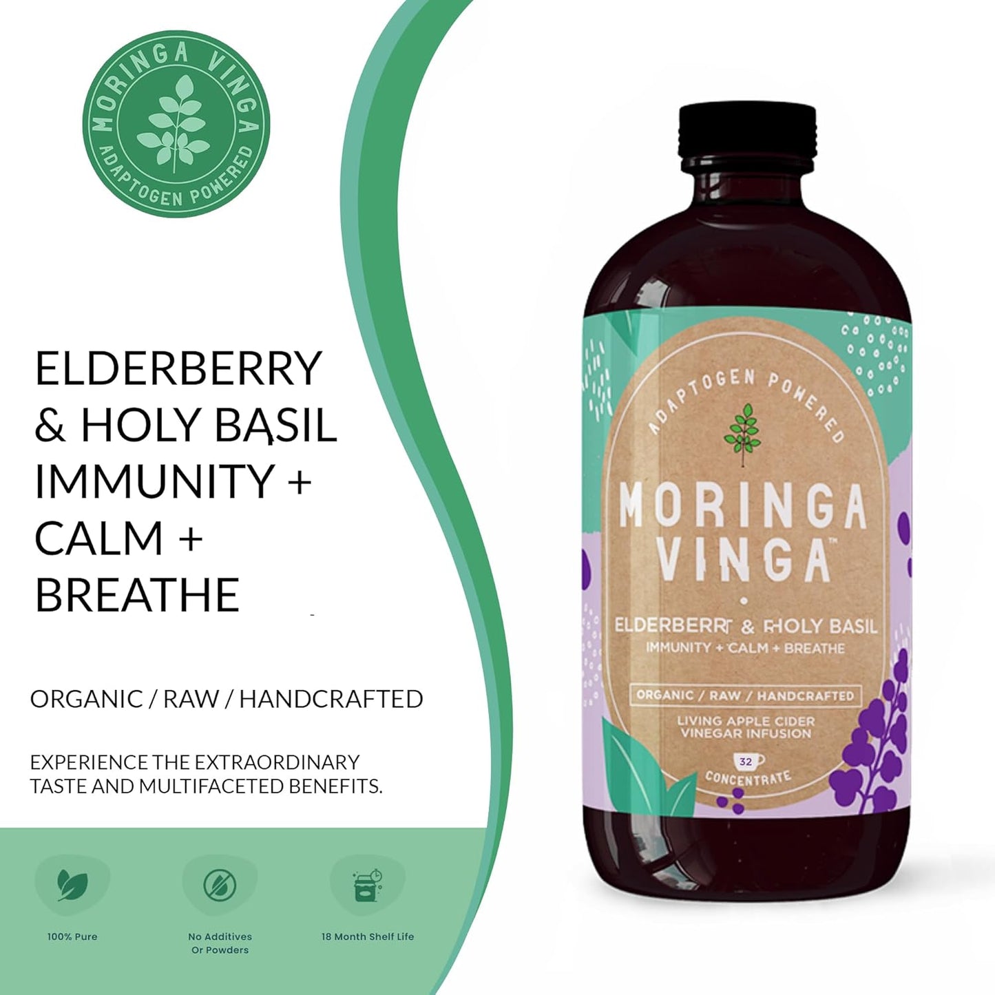 VINGA Organic Elderberry & Holy Basil Moringa Infusion - Immune Support, Respiratory Wellness, Stress Relief Tonic - Apple Cider Vinegar, Ginger, Hibiscus, Honey - Non-GMO, 16 oz