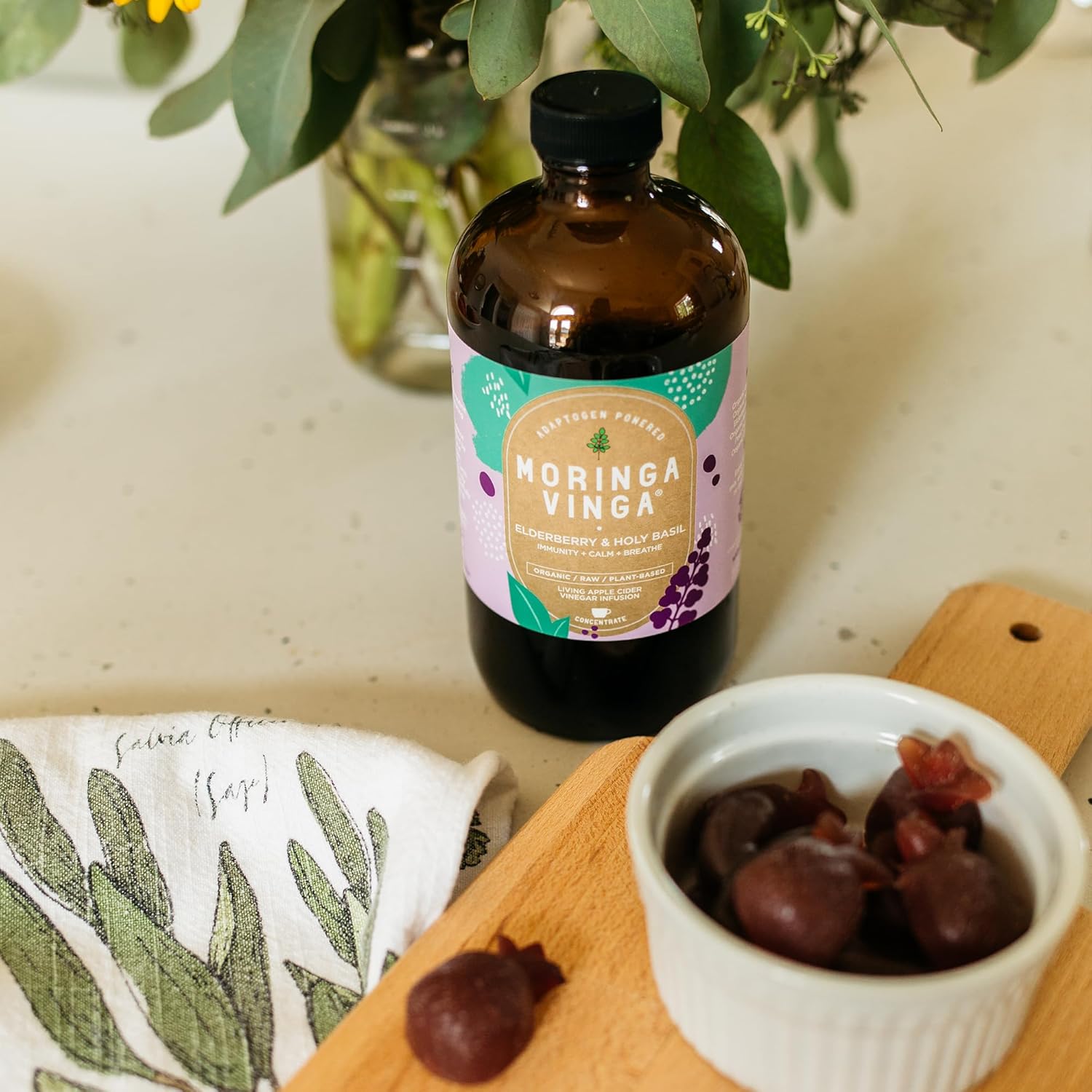 VINGA Organic Elderberry & Holy Basil Moringa Infusion - Immune Support, Respiratory Wellness, Stress Relief Tonic - Apple Cider Vinegar, Ginger, Hibiscus, Honey - Non-GMO, 16 oz