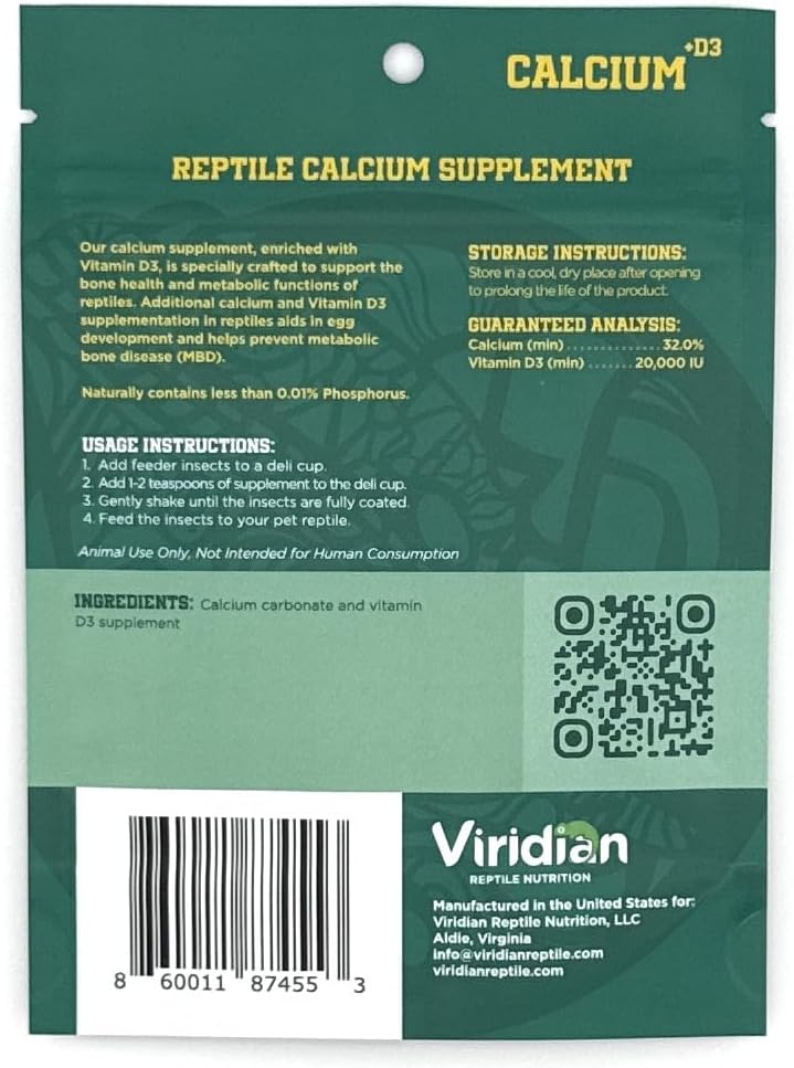 Viridian Reptile Calcium Supplement with D3 - 10 Ounces for Reptile Nutrition