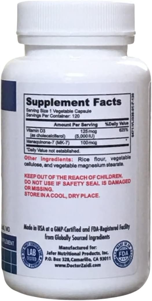 VIT D3K2 Capsules - Vitamin D3 5000 IU + 100 MCG Vitamin K2 MK-7 - Immune Support Supplement - Dr. Z's Vitamins - 120 Caps