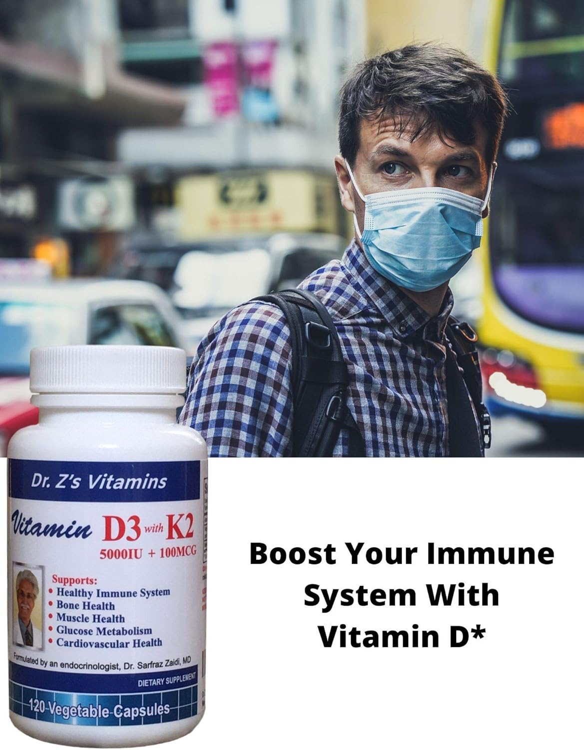 VIT D3K2 Capsules - Vitamin D3 5000 IU + 100 MCG Vitamin K2 MK-7 - Immune Support Supplement - Dr. Z's Vitamins - 120 Caps