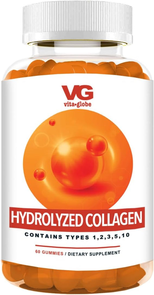 VITA GLOBE Collagen Gummies 200mg - Type I II III V & X, Vitamin for Healthy Skin Hair Nails, Beauty Support, Bone & Joint, 60 Count