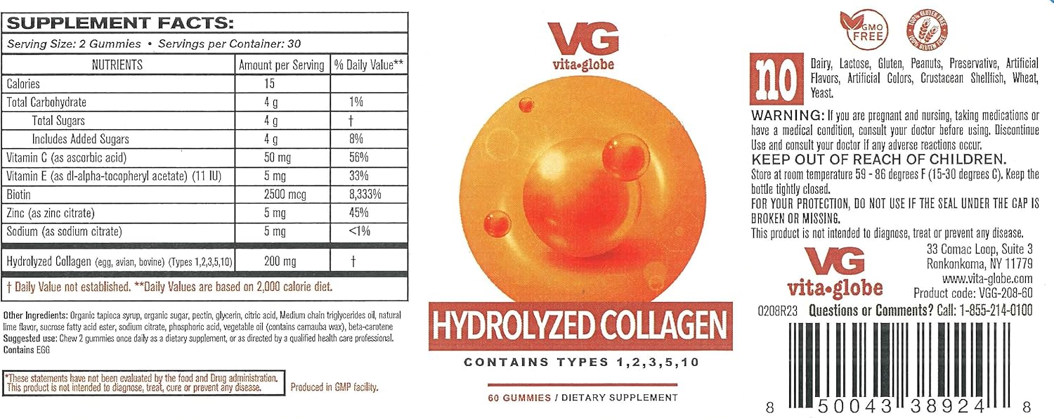 VITA GLOBE Collagen Gummies 200mg - Type I II III V & X, Vitamin for Healthy Skin Hair Nails, Beauty Support, Bone & Joint, 60 Count