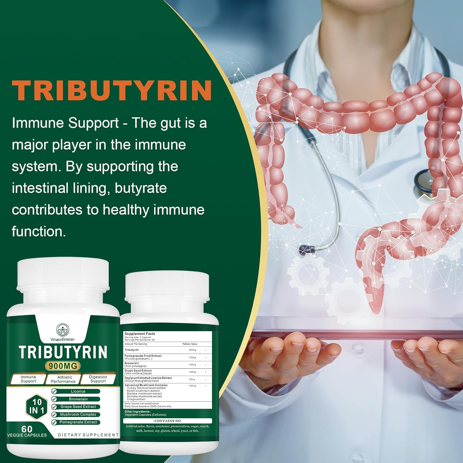 VITACRLLYNMN Tributyrin Supplement - Supports Gut Barrier, Leaky Gut, and Digestion - 120 Capsules