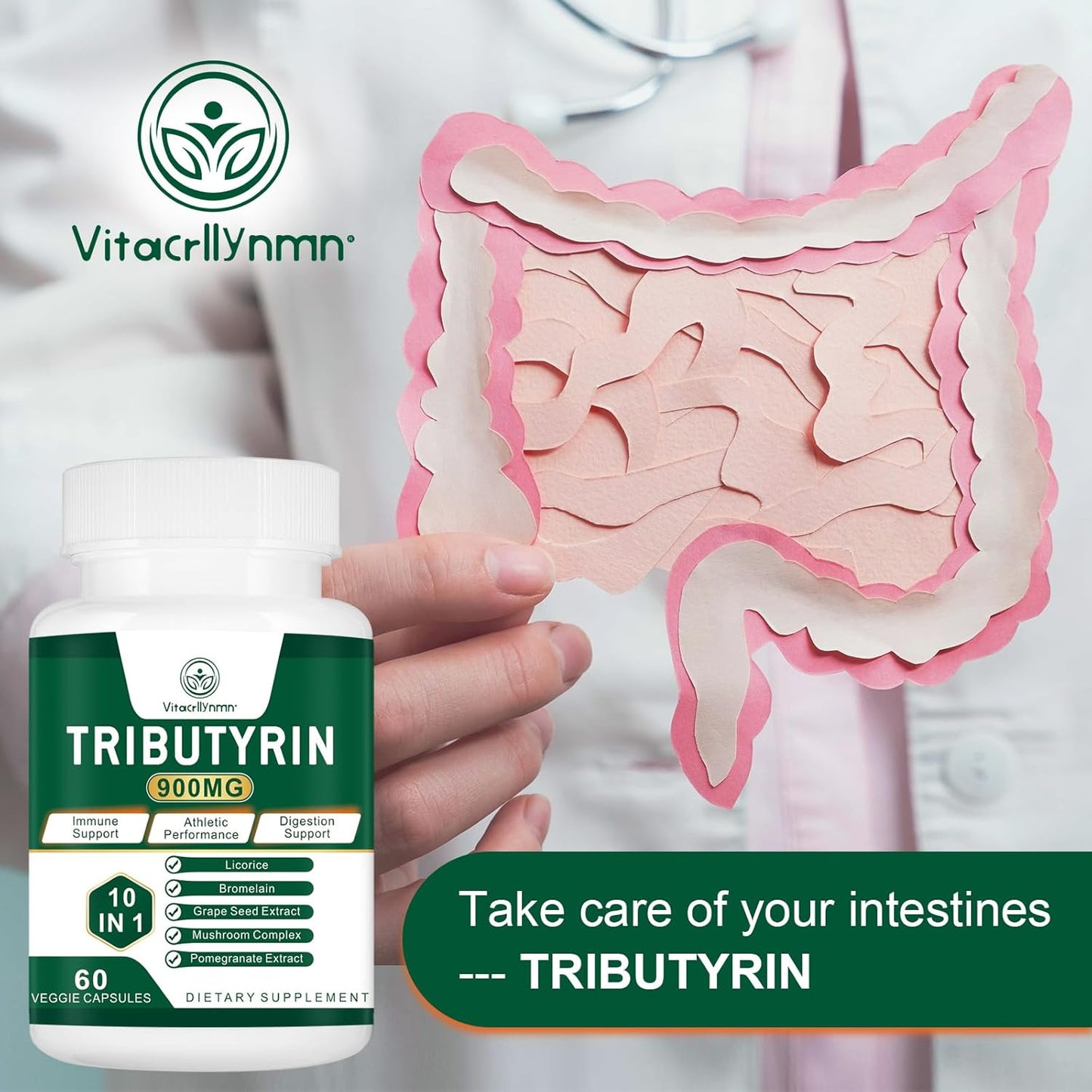 VITACRLLYNMN Tributyrin Supplement - Supports Gut Barrier, Leaky Gut, and Digestion - 120 Capsules