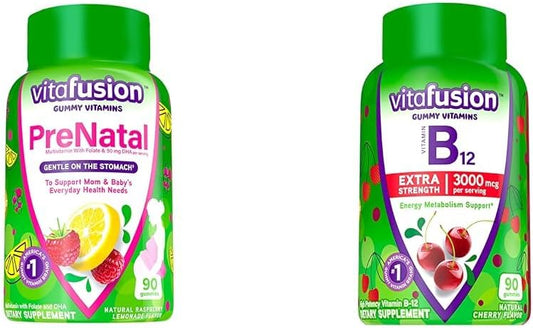 Vitafusion PreNatal Raspberry Lemonade Gummies + Extra Strength Vitamin B12 for Women's Energy & Metabolism Support