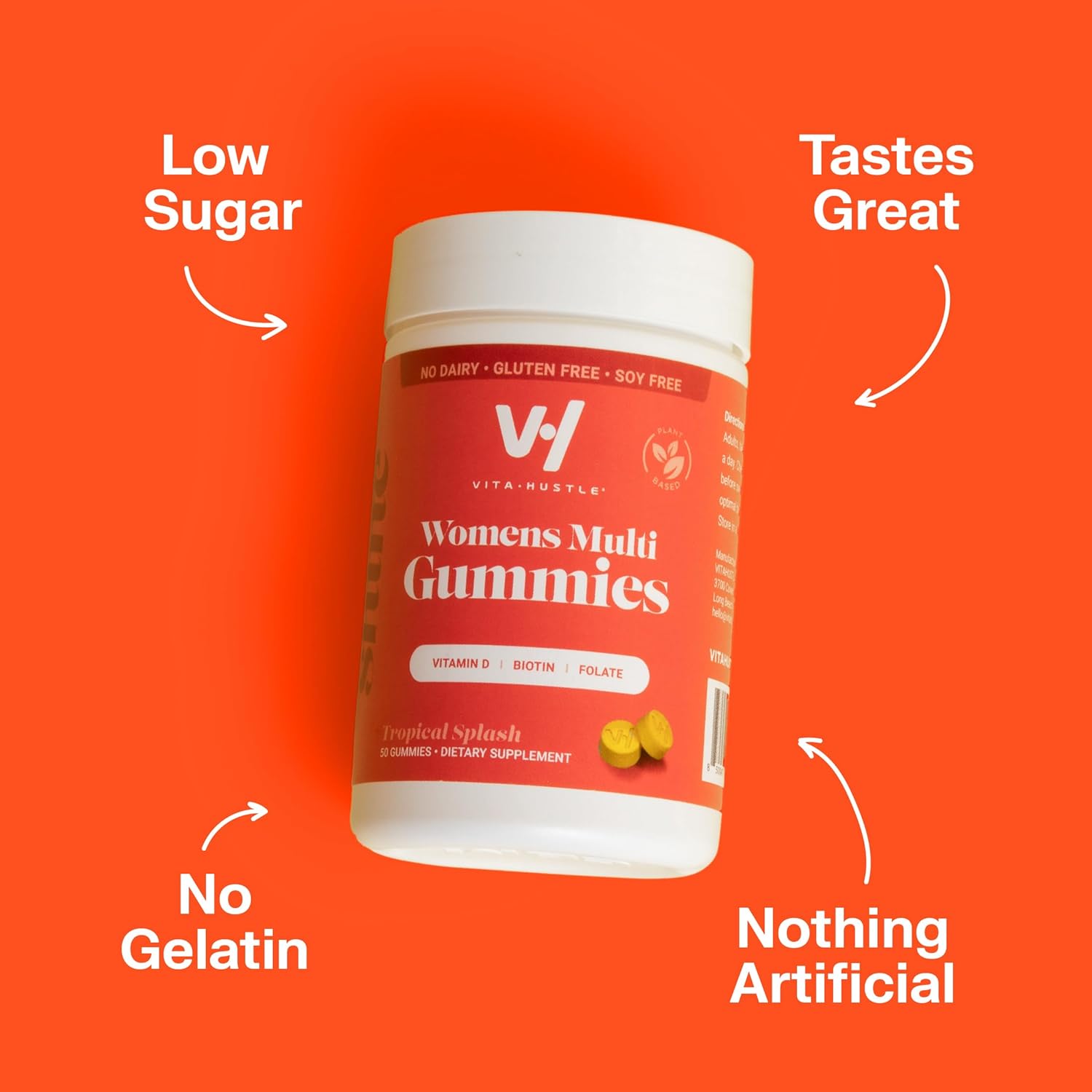 VitaHustle Women's Vegan Multivitamin Gummies with Biotin and Folate for Hair, Skin & Nails - 50 Count - Non GMO - Low Sugar - Tropical Splash Flavor