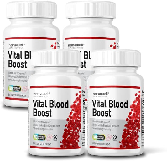 Vital Blood Boost Dietary Supplement - Support for White and Red Blood Cells - Iron, Selenium, Zinc, B12, Folic Acid - 360 Day Supply, 90 Tablets x 4 Bottles