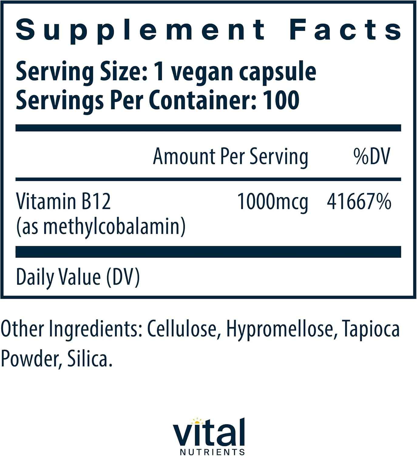Vital Nutrients Vitamin B12 1000mcg - Vegan - Methylcobalamin for Metabolism, Cognitive & Nervous System Health* - High-Potency B12 Supplement - Gluten, Dairy, Soy Free - 100 Capsules