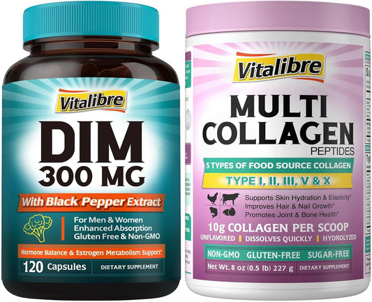 Vitalibre 120 Capsules DIM Supplement with 8oz Multi Collagen Peptides Powder