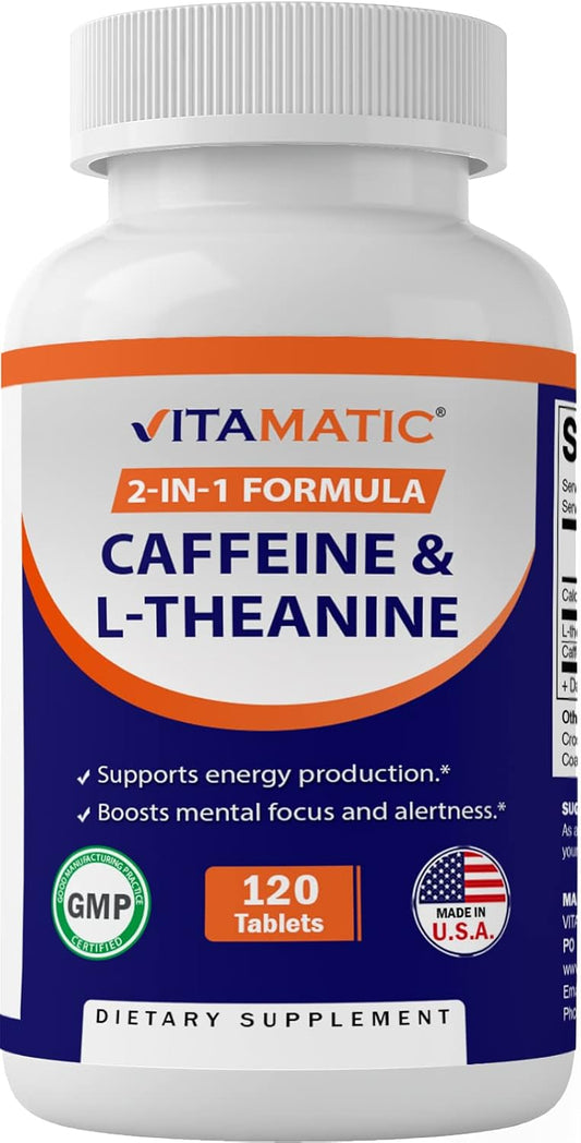 Vitamatic L-Theanine and Caffeine Nootropic Supplement - 120 Vegetarian Tablets for Focused Energy Boost
