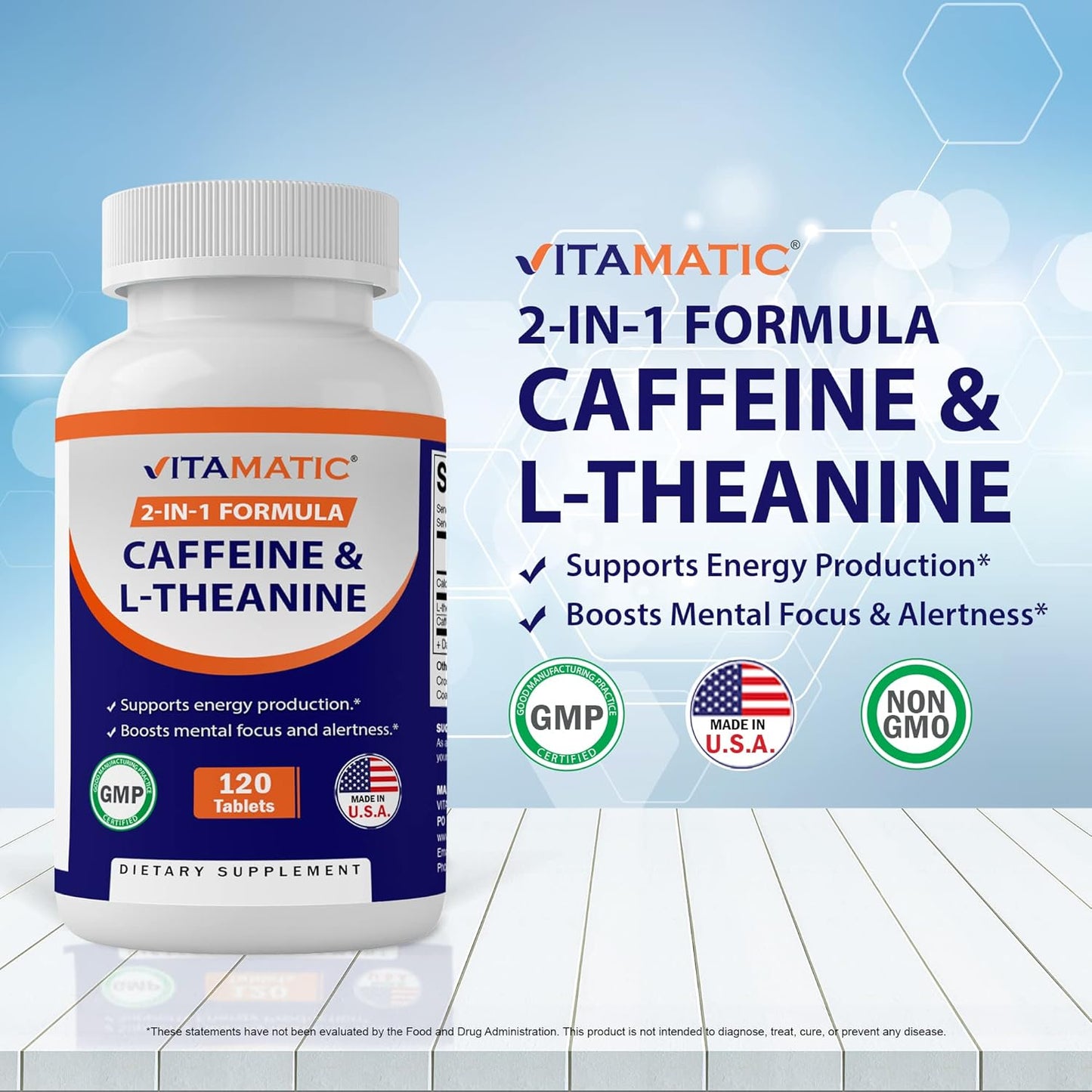 Vitamatic L-Theanine and Caffeine Nootropic Supplement - 120 Vegetarian Tablets for Focused Energy Boost