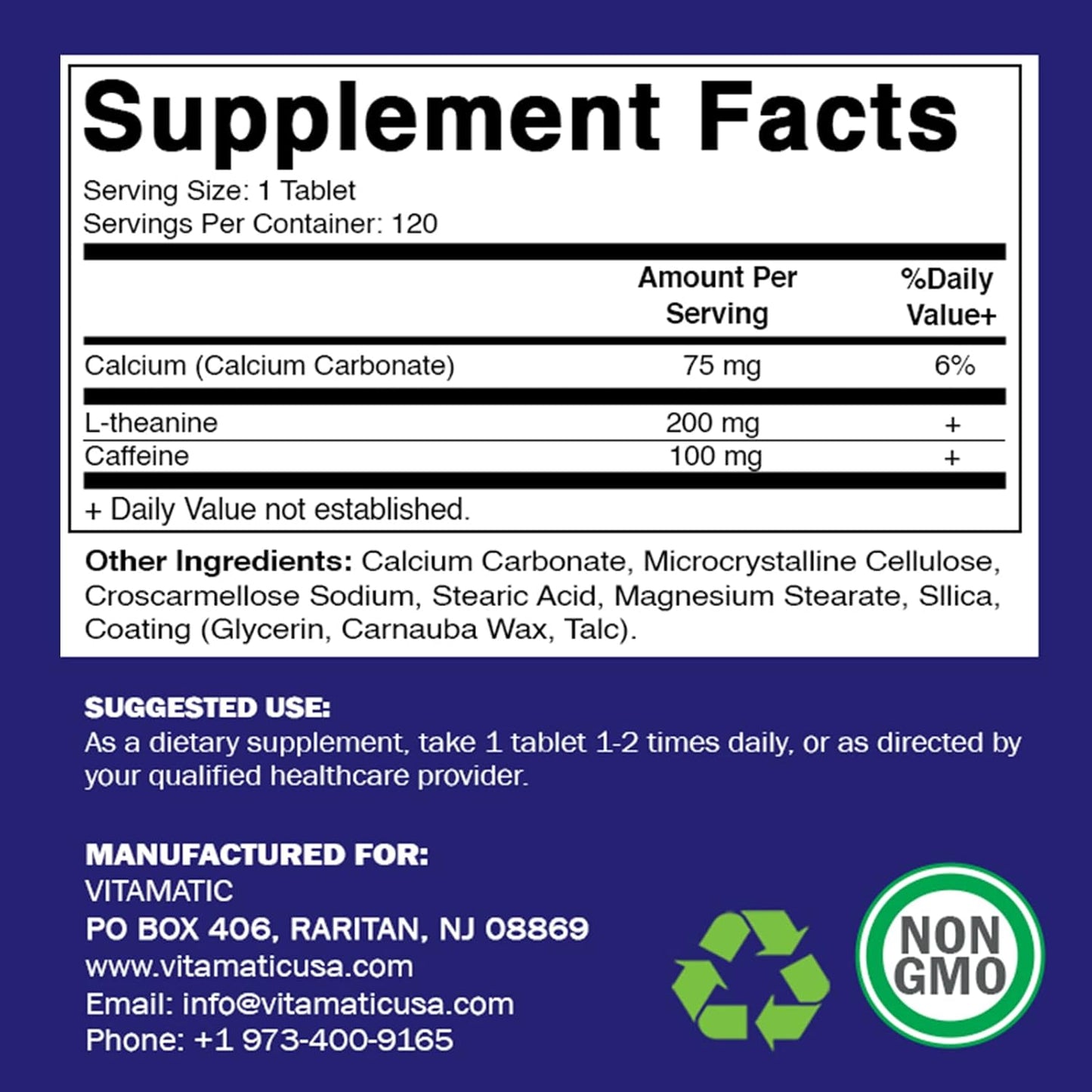Vitamatic L-Theanine and Caffeine Nootropic Supplement - 120 Vegetarian Tablets for Focused Energy Boost