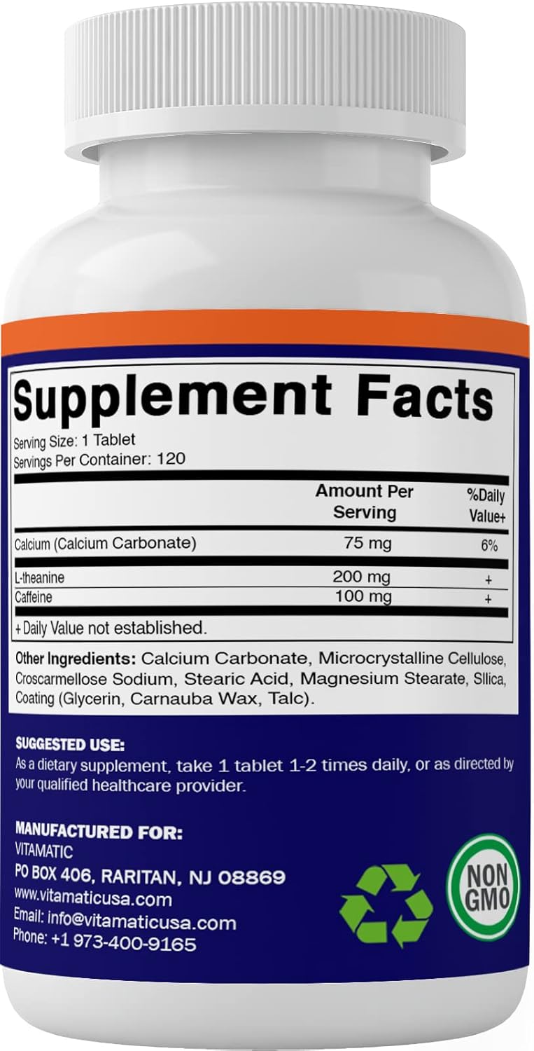Vitamatic L-Theanine and Caffeine Nootropic Supplement - 120 Vegetarian Tablets for Focused Energy Boost