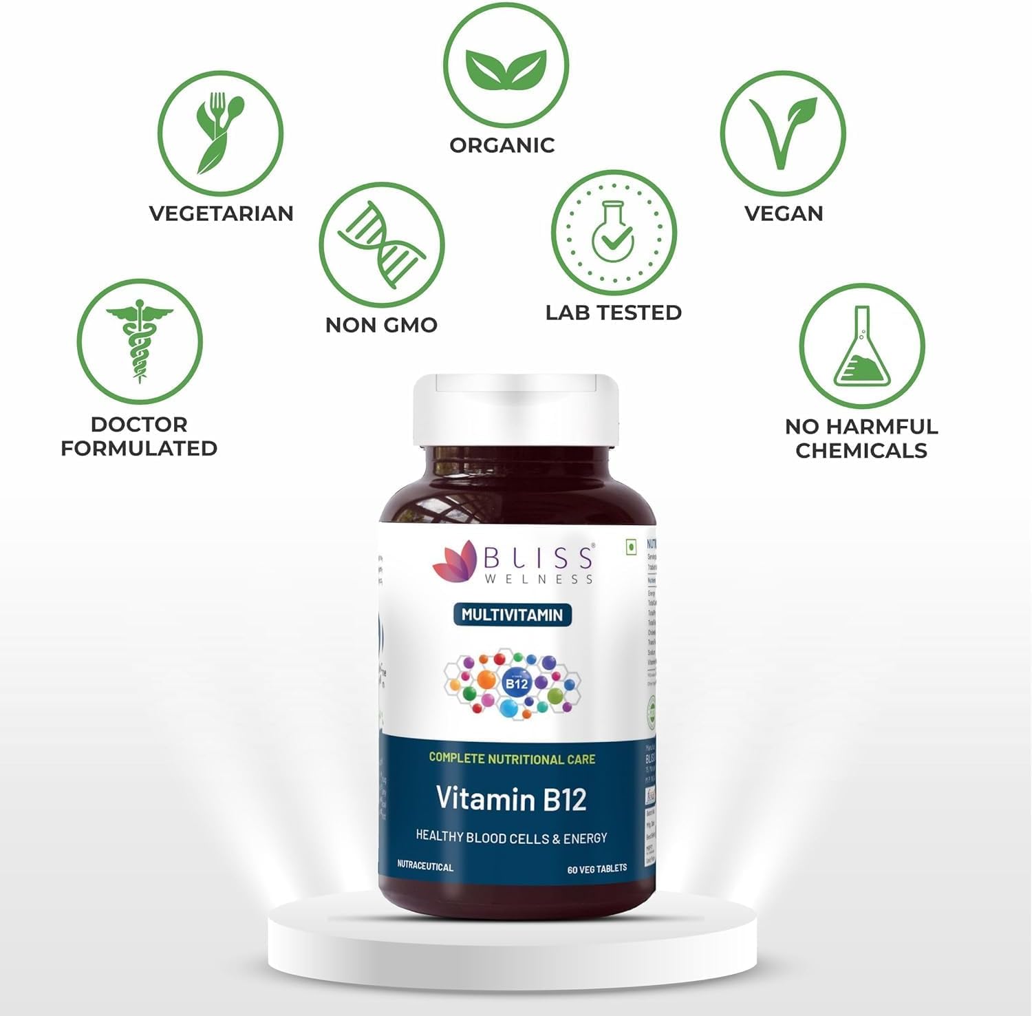 Vitamin B12 Supplement 100% RDA for Energy & Nervous System Support - 60 Vegetarian Tablets for Men & Women