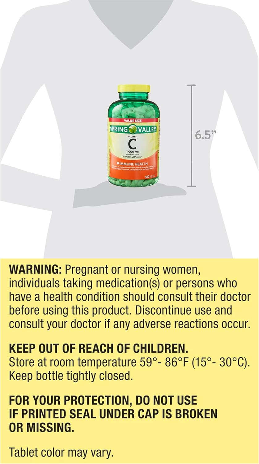 Vitamin C 1000mg with Rose HIPS Tablets - 500 Count - Immune & Cardiovascular Support - Gluten-Free - Immunity Booster for Adults