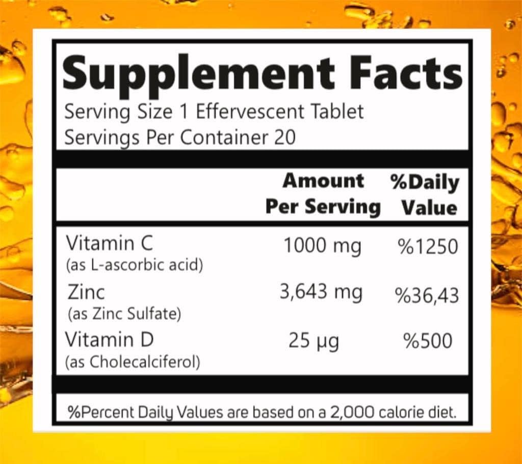 Vitamin C 1000mg, Zinc, and Vitamin D Effervescent Tablets for Immune Support - Orange Flavor, Fast Dissolving, Boosts Skin, Hair, Nails - 20 Tablets