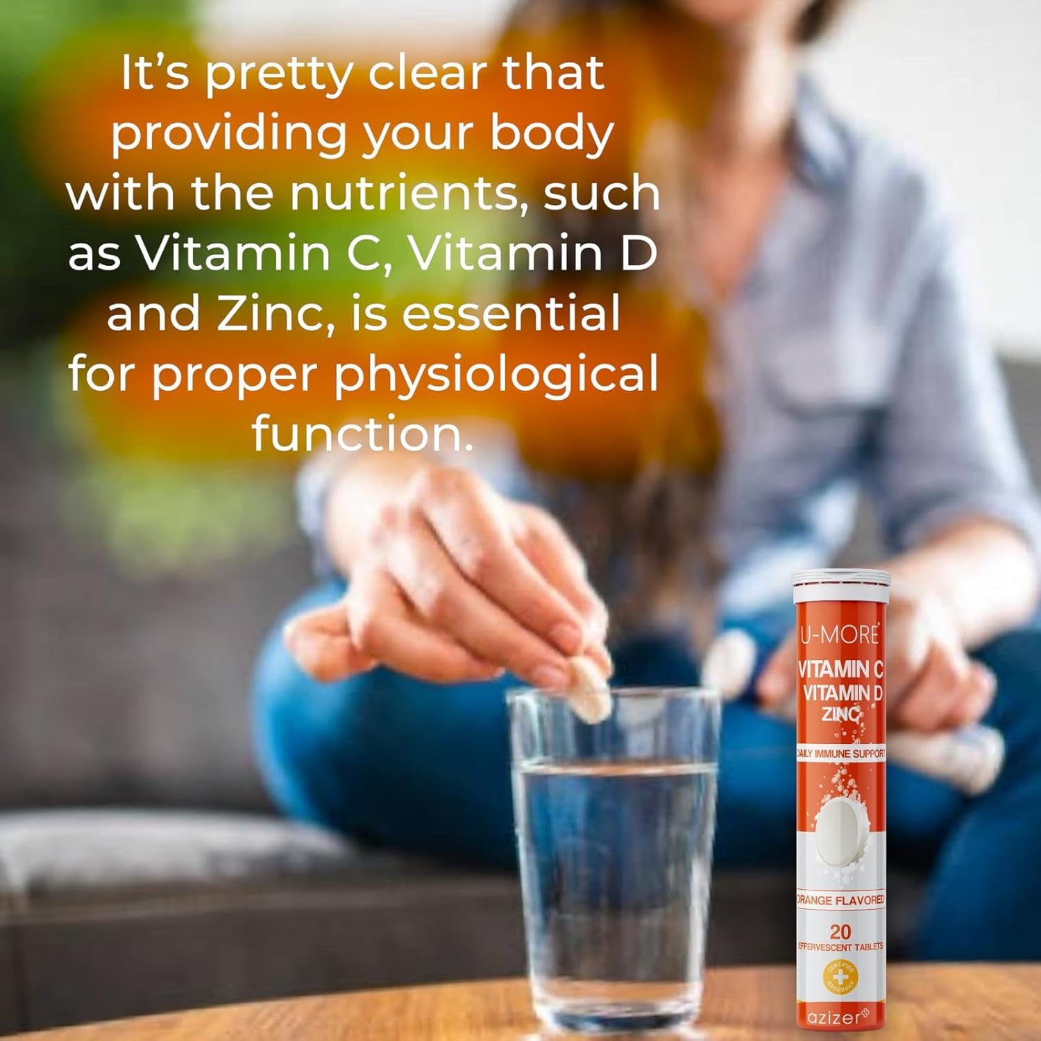 Vitamin C 1000mg, Zinc, and Vitamin D Effervescent Tablets for Immune Support - Orange Flavor, Fast Dissolving, Boosts Skin, Hair, Nails - 20 Tablets