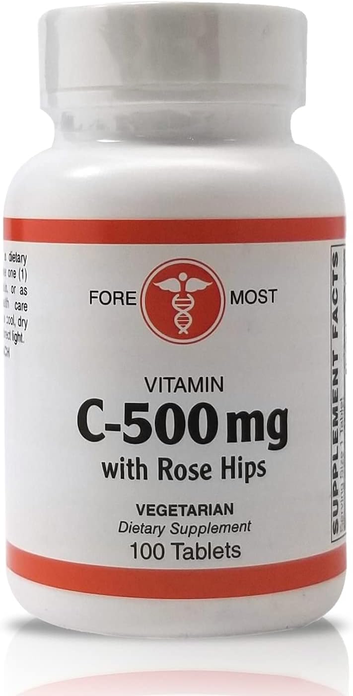 Vitamin C 500mg Tablets with Rose HIPS for Immunity & Blood Pressure Support - 100 Count Vegan Supplement