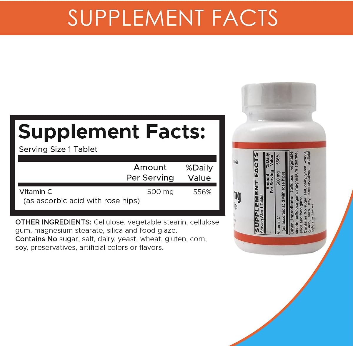 Vitamin C 500mg Tablets with Rose HIPS for Immunity & Blood Pressure Support - 100 Count Vegan Supplement