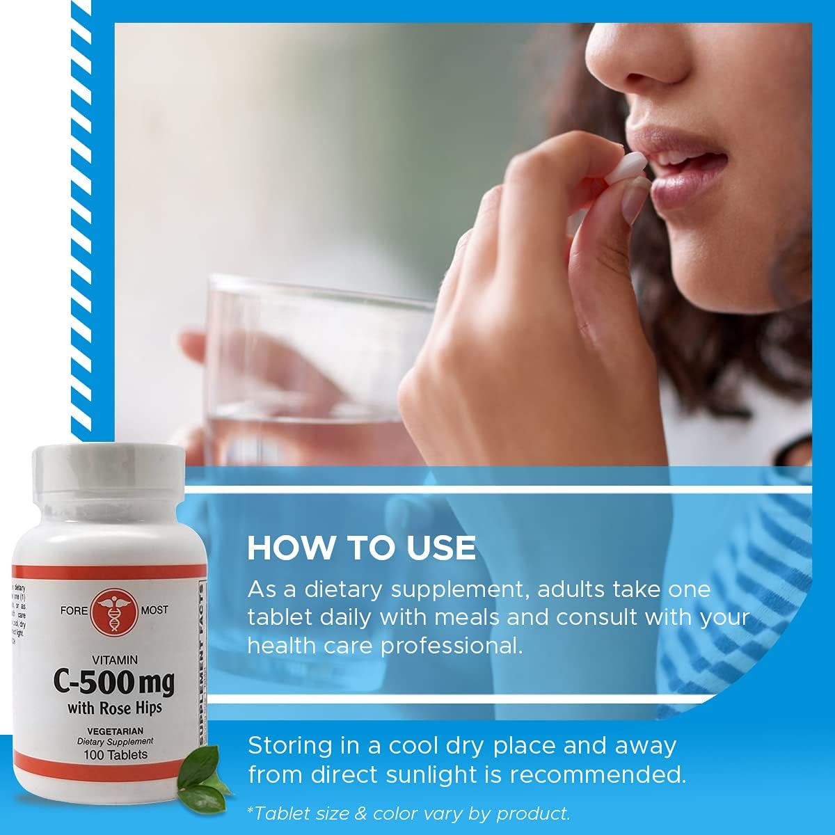 Vitamin C 500mg Tablets with Rose HIPS for Immunity & Blood Pressure Support - 100 Count Vegan Supplement