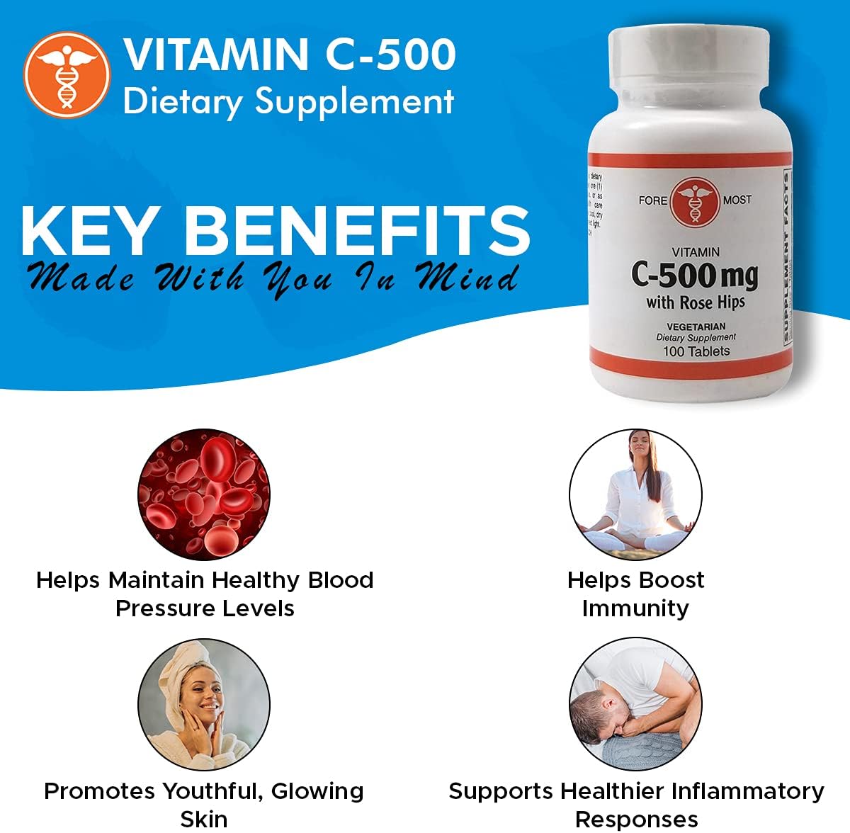 Vitamin C 500mg Tablets with Rose HIPS for Immunity & Blood Pressure Support - 100 Count Vegan Supplement