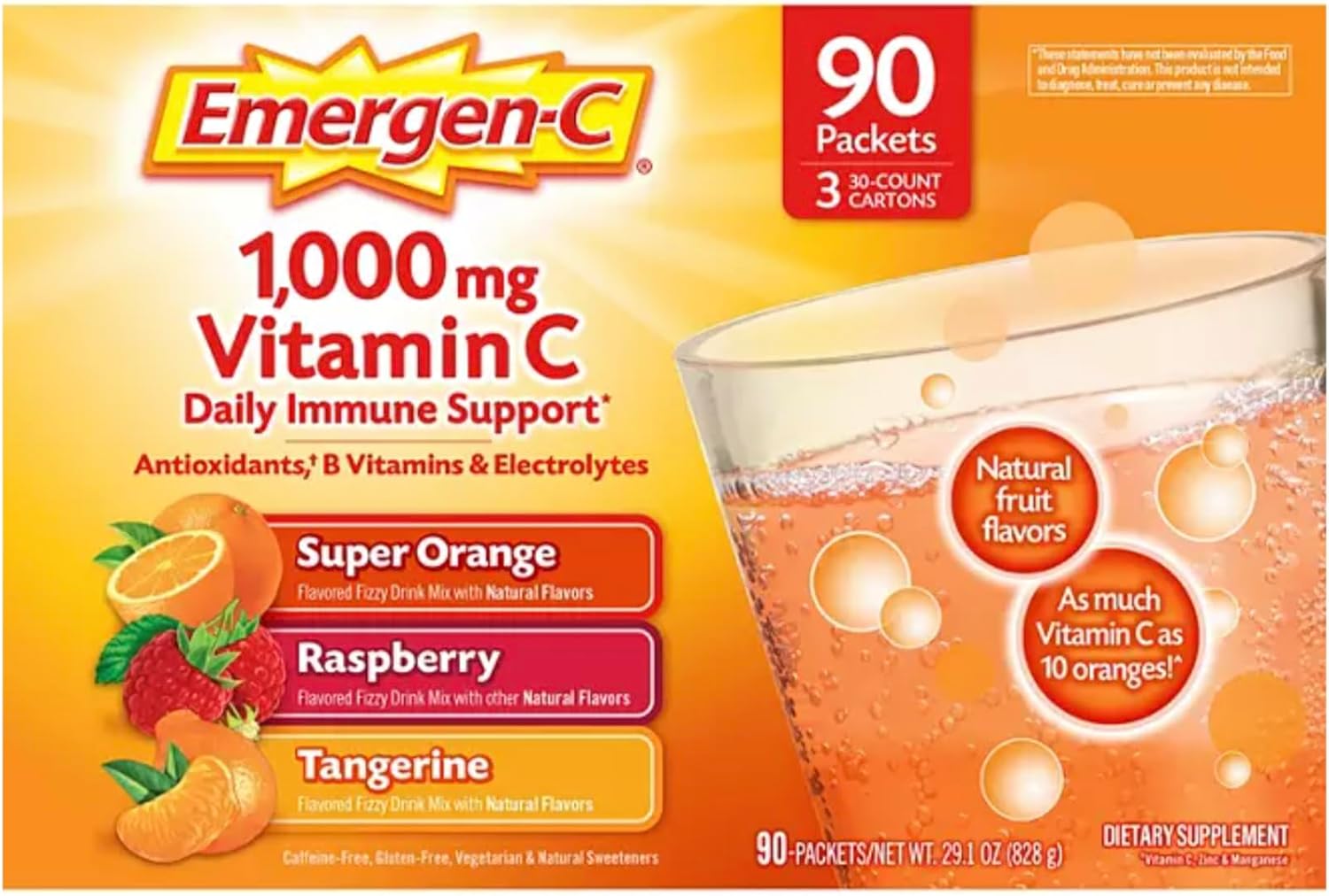 Vitamin C Powder Immune Support with Zinc & B Vitamins - Super Orange, Raspberry & Tangerine Flavor - 90 Count
