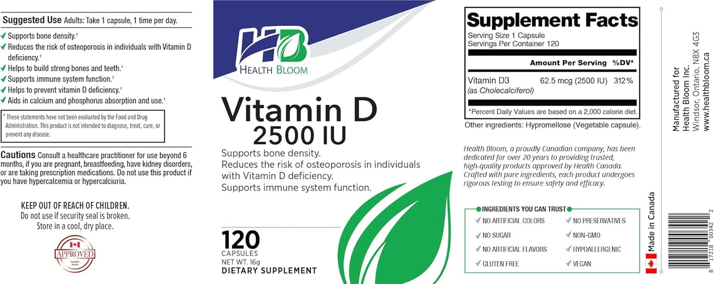 Vitamin D 2500IU Capsules - 120 Count | Health Bloom Inc. | Vitamins and Minerals