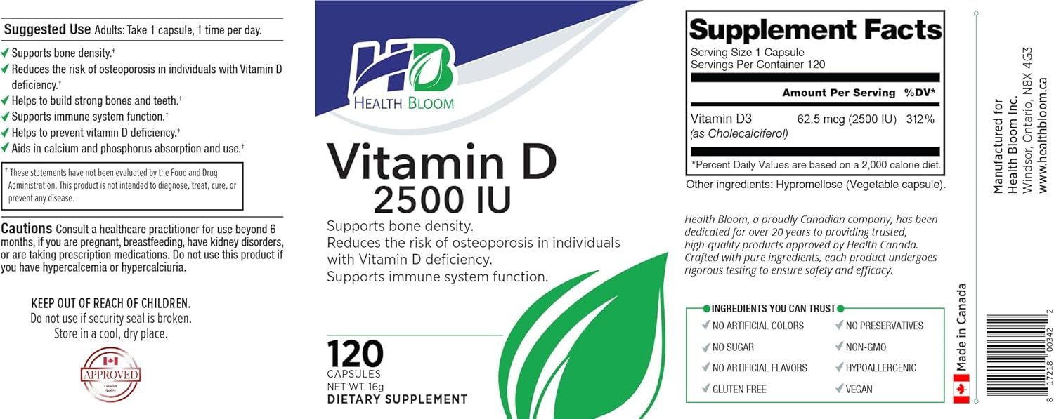 Vitamin D 2500IU Capsules - 120 Count | Health Bloom Inc. | Vitamins and Minerals