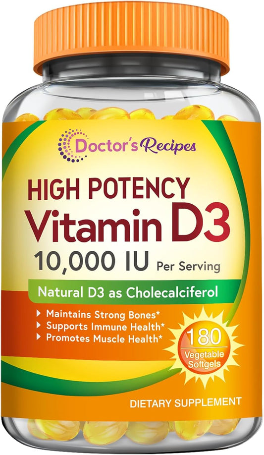 Vitamin D3 10000 IU for Immune Support, Bones, Teeth, and Muscles - Non-GMO, Gluten-Free, 90 Days Supply - 180 Vegetarian Softgels