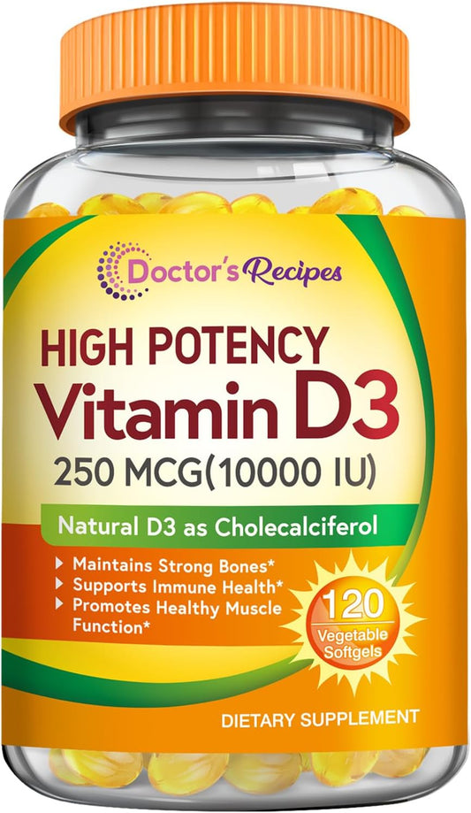 Vitamin D3 10000 IU Vegetarian Softgels for Immune Support, Bone Health, and Muscle Function - Non-GMO Formula without Gelatin, Gluten, or Soy - 120 Count