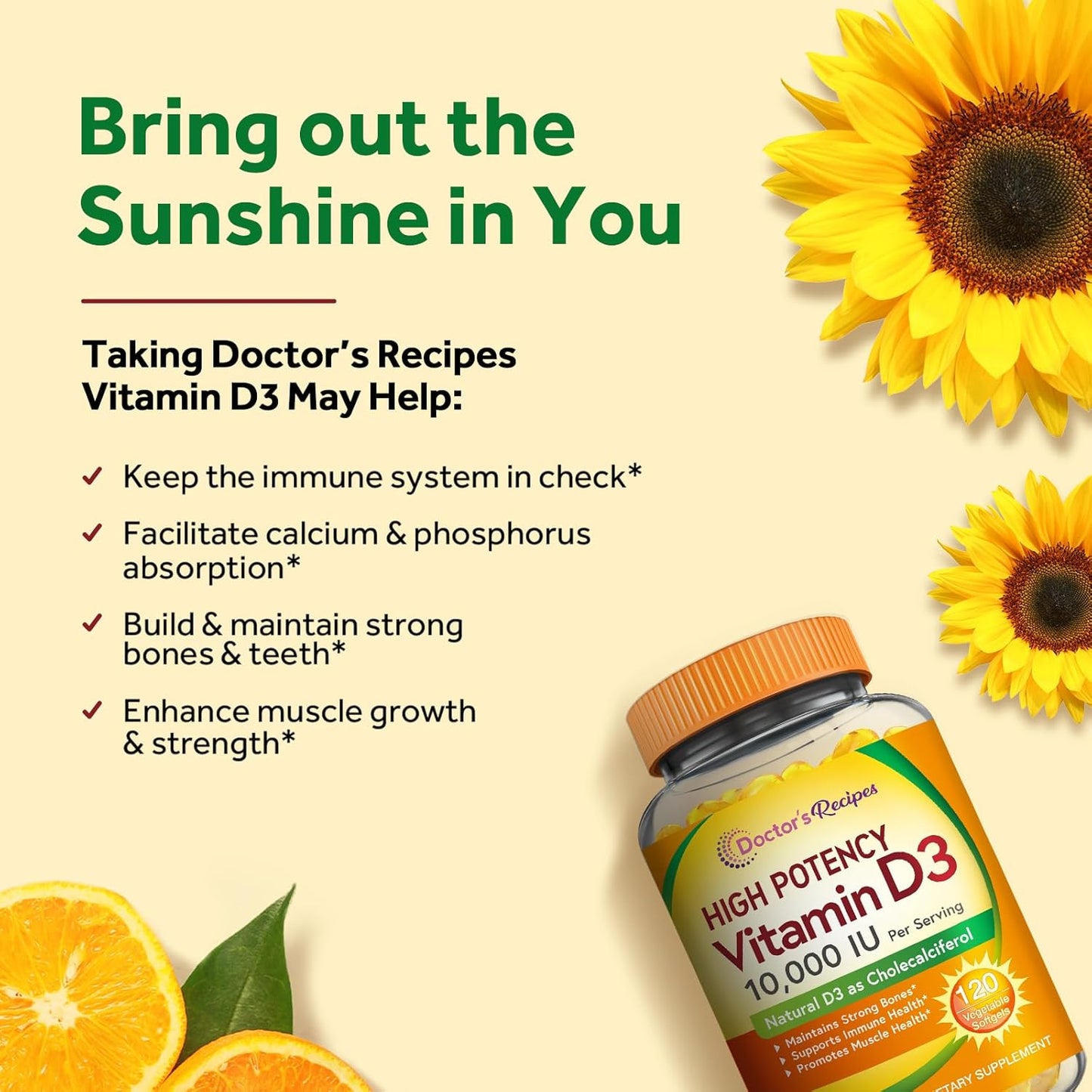 Vitamin D3 10000 IU Vegetarian Softgels for Immune Support, Bone Health, and Muscle Function - Non-GMO Formula without Gelatin, Gluten, or Soy - 120 Count