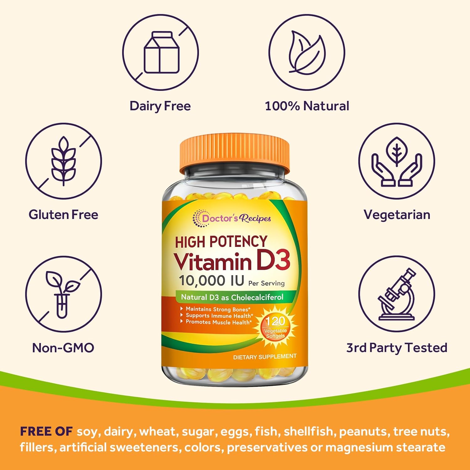 Vitamin D3 10000 IU Vegetarian Softgels for Immune Support, Bone Health, and Muscle Function - Non-GMO Formula without Gelatin, Gluten, or Soy - 120 Count