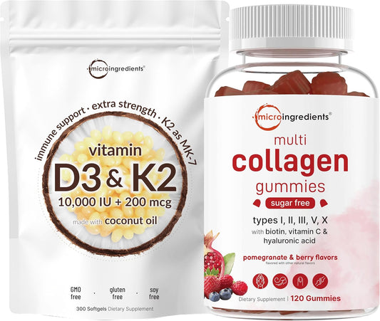 Vitamin D3 10,000iu + K2 200mcg Coconut Oil Softgels & Collagen Peptides Gummies Bundle Pack for Sunshine Vitamins | Type I,II,III,V,X Protein