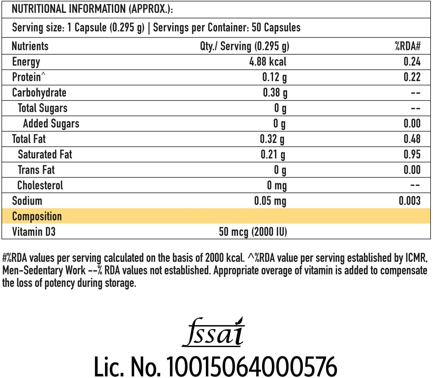 Vitamin D3 2000 IU Capsules for Strong Muscles, Immunity Boost, & Calcium Absorption - 50 Count