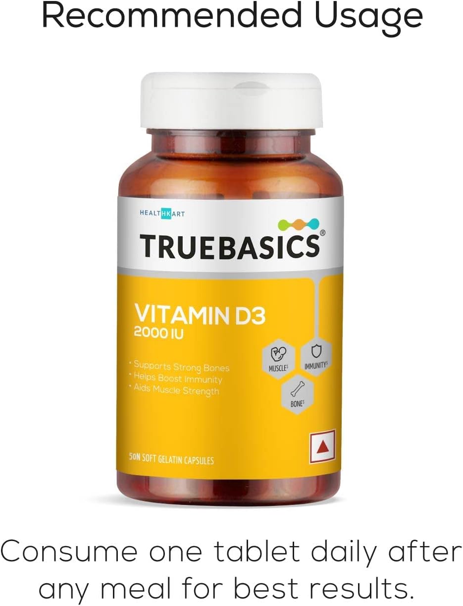 Vitamin D3 2000 IU Capsules for Strong Muscles, Immunity Boost, & Calcium Absorption - 50 Count