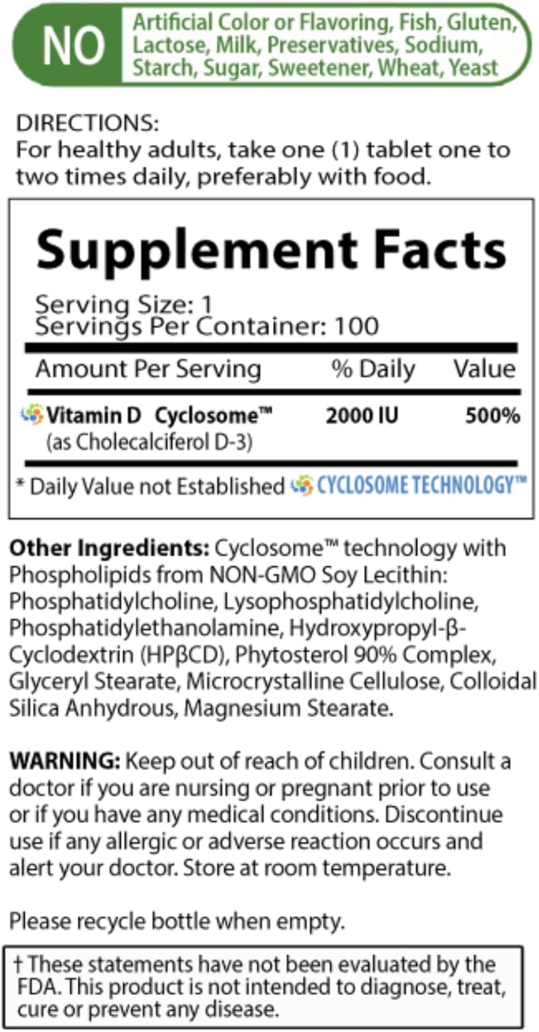 Vitamin D3 2000IU Tablets with Advanced Cyclosome Liposomal Delivery for Immune Support - Non-GMO, Gluten Free, Vegetarian Formula