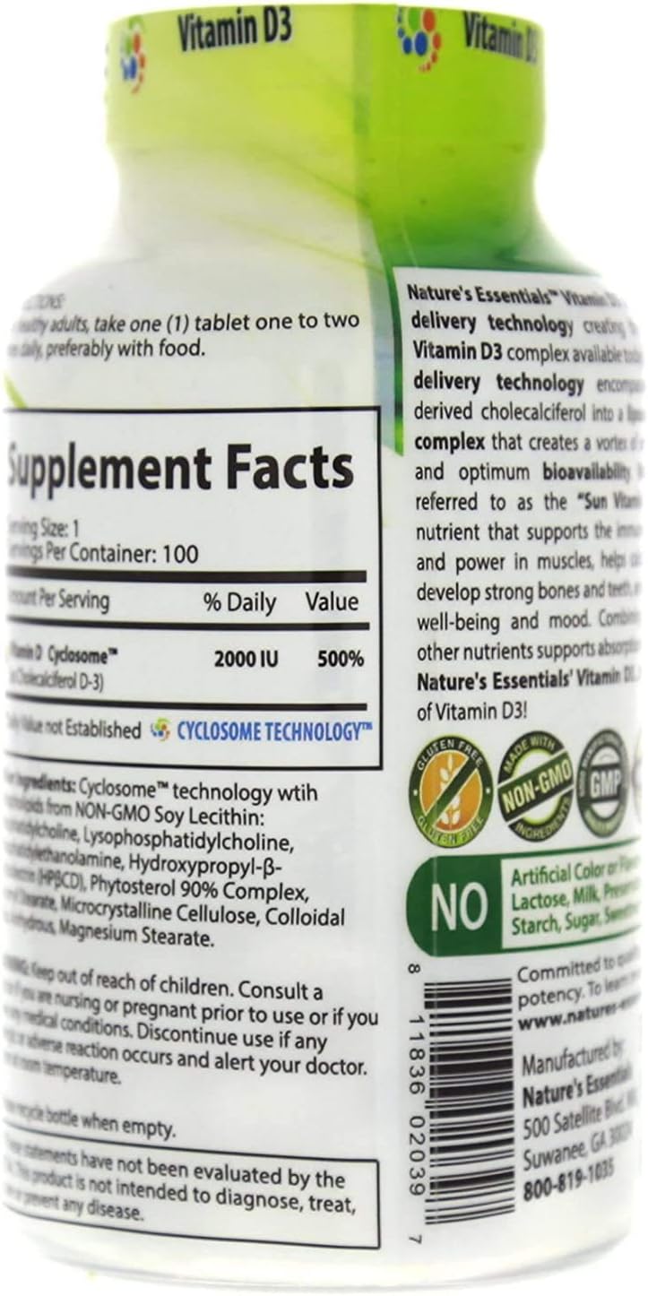 Vitamin D3 2000IU Tablets with Advanced Cyclosome Liposomal Delivery for Immune Support - Non-GMO, Gluten Free, Vegetarian Formula