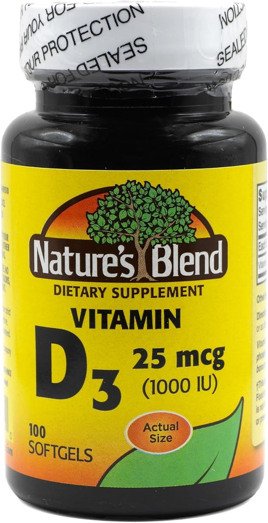 Vitamin D3 25 MCG (1000 IU) Softgels - Easy to Swallow - 100 Count - Nature's Blend
