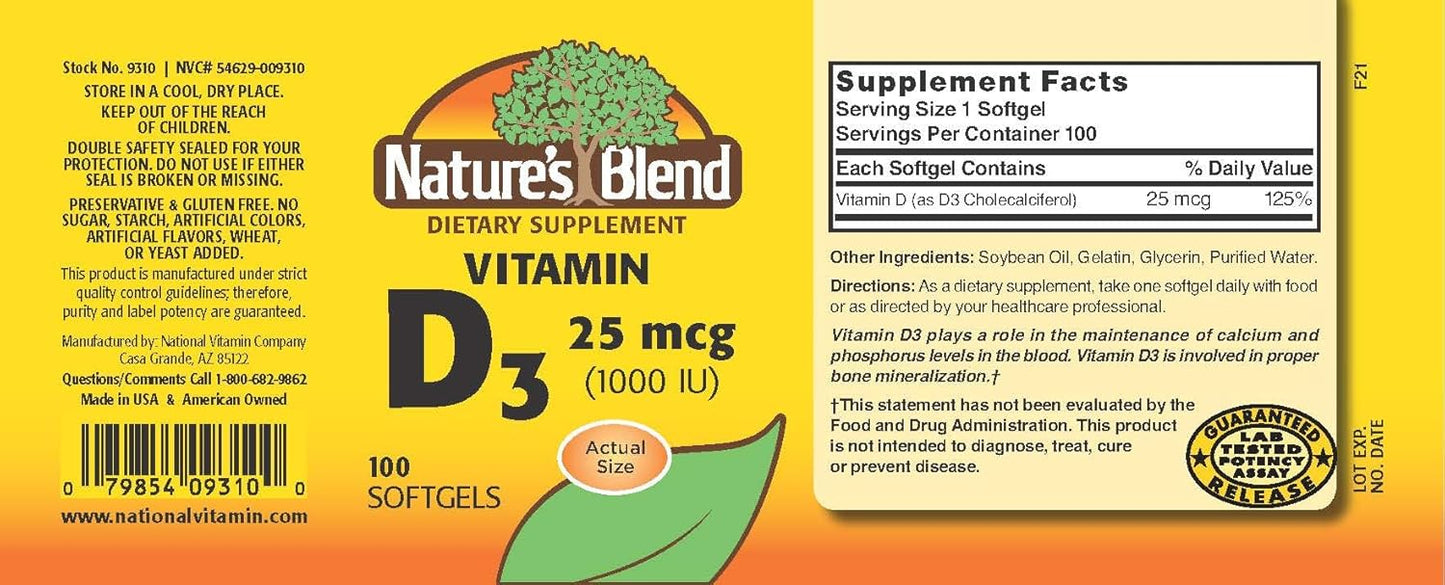 Vitamin D3 25 MCG (1000 IU) Softgels - Easy to Swallow - 100 Count - Nature's Blend